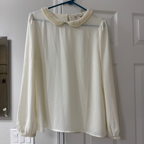 Ann Taylor Loft Cream Shirt with Beaded Collar - Size Large - Picture 1 of 4